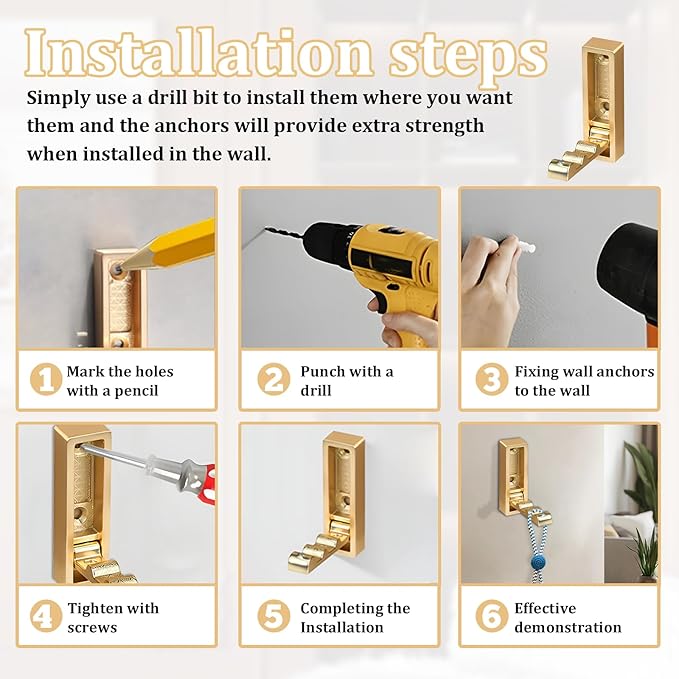 4pack Gold Foldable Wall Hooks, Folding Coat Hooks Wall Mounted, Foldable Plant Hanger, Gold Coat Rack Wall Mount (4, Square)