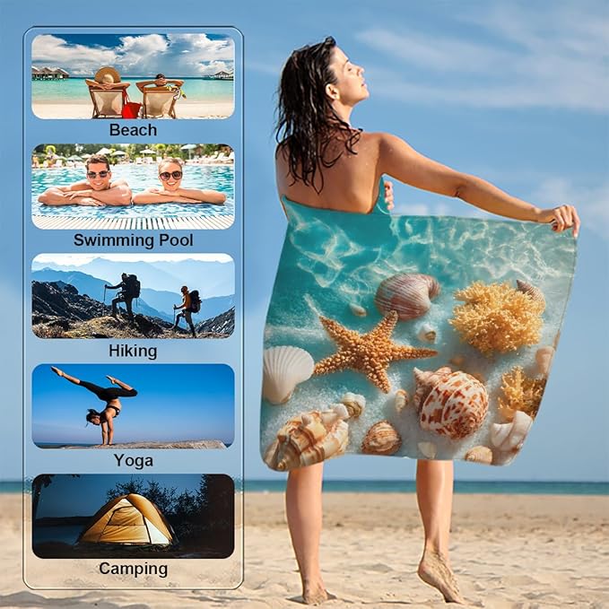 Summer Seashells Sea Beach Towel, Large Microfiber Quick Dry Lightweight Pool Bath Towels Sand Free Beach Blanket for Summer Cruise Yoga Camping Travel Vacation Essentials 31 x 61 in