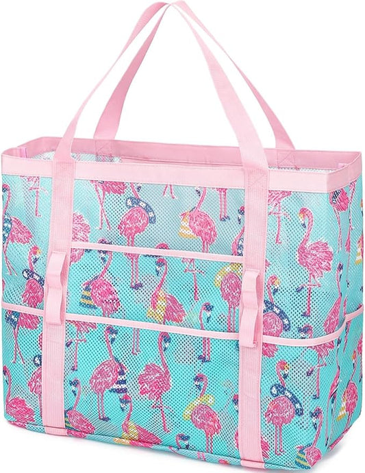 Mesh Beach Bag, Large Beach Tote with Zipper Pocket, Toys Pool Bag for Family Travel Vacation Cruise Essentials