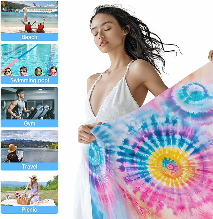 Abstract Tie-Dye Art Beach Towel 35" x 71" Pink Teal Gradient Watercolor Quick Dry Sand Free Pool Towels Soft & Absorbent Compact Towels Beach Accessories for Travel Bathroom Swimming Pool