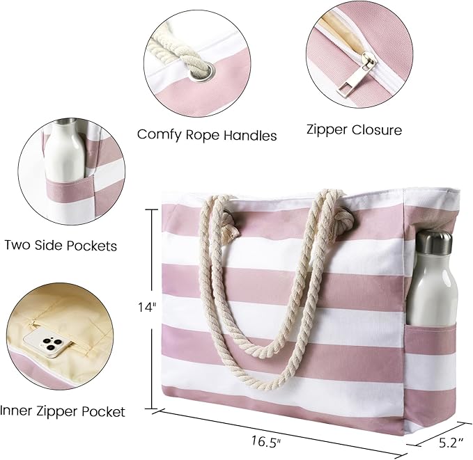 Clothirily Beach Bag for Women - Large Beach Tote Bag, Waterproof Sandproof Beach Bag with Zipper, Large Swim Pool Beach Tote