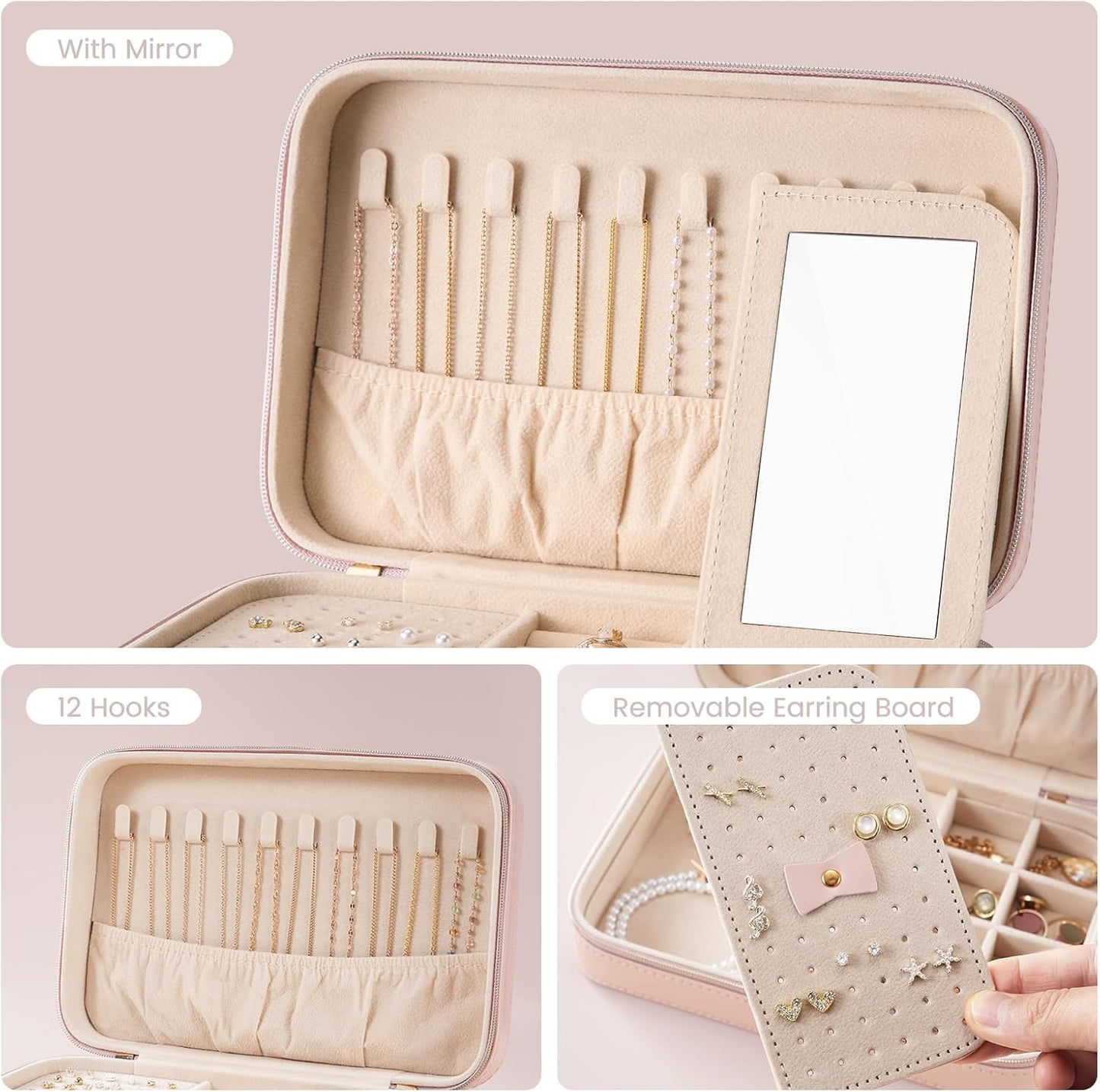 Lolalet Travel Jewelry Case for Women Girls, Travel Jewelry Organizer Box with Mirror & Clear Storage Bag, Small Portable Earring Necklace Bracelet Ring Case, Birthday Christmas Gifts -Medium, Pink