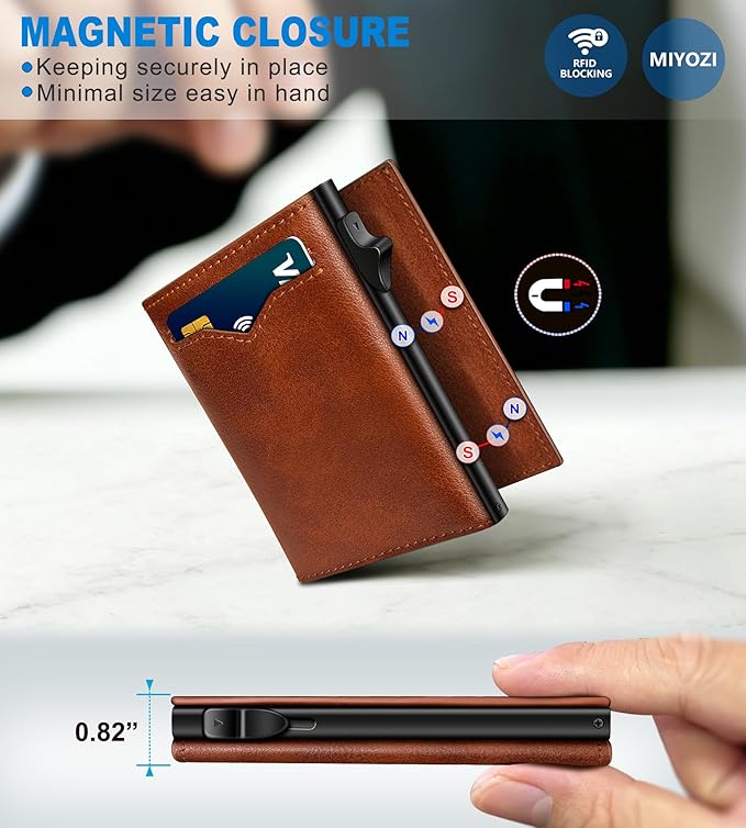 Wallet for Men,with Cash Pocket 2 ID Window 9-13 Cards,Metal Case Smart Slim Pop Up Credit Card Holder Flip with Magnetic Closure RFID Blocking Trifold wallet with Gift Box