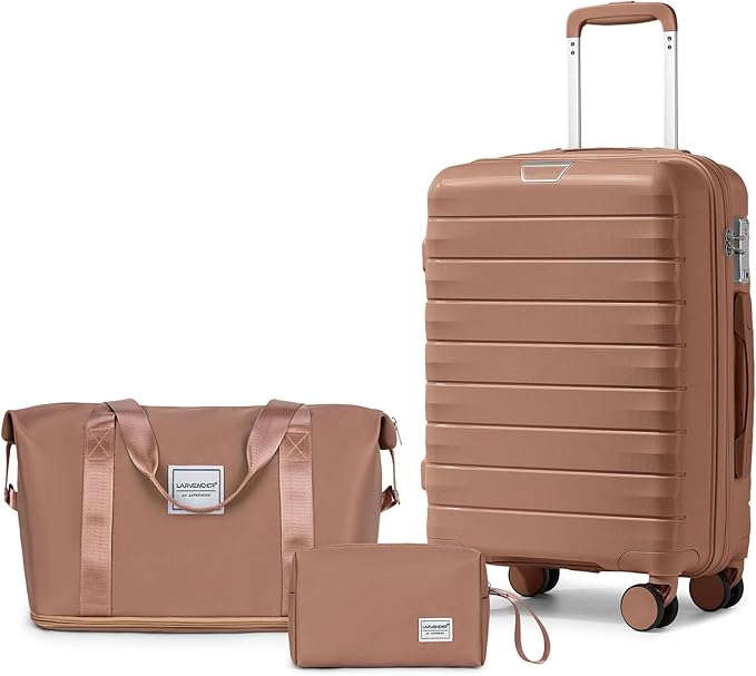LARVENDER Luggage Sets 3 Piece, Hardside PP Carry On Suitcase with 360° Spinner Wheels TSA Lock Luggage Sets for Women, Mocha
