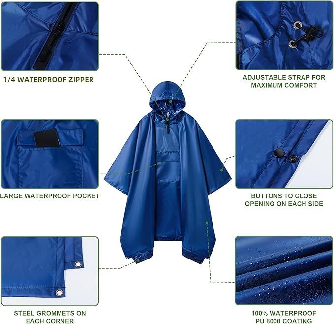Hooded Rain Poncho for Adults - Waterproof Rain Coat and Lightweight Jacket 3-in-1 Multi-Function with Pockets