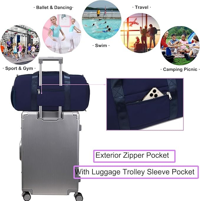 Dance Bag Sports Travel Duffle Ballet Gym Overnight Bag Yoga Bags with Shoes Compartment Solid Color Water Resistant（NavyBlue）