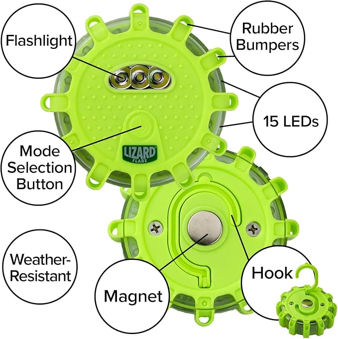 Flameless Roadside Emergency Light, AS-SEEN-ON-TV, 360° of Visibility, 9 Safety Modes with 15 High-Intensity LEDs, Magnet Sticks to Car, Hook to Hang or Stand, Built-in Flashlight