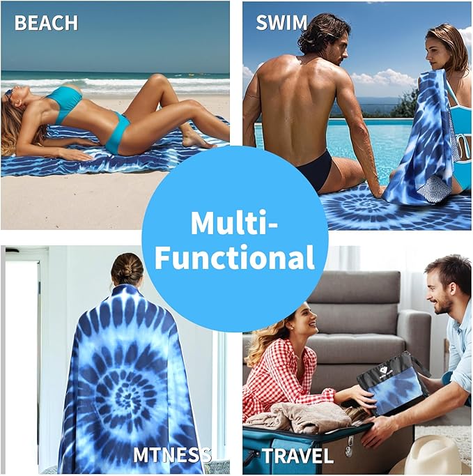 2 Pack Microfiber Beach Towel: Blue and Blue Oversized Pool Towel 75”x 35”, Sand-Free Quick Drying Camping Super Absorbent Bath Blanket, Soft Breathable and Lightweight for Kids & Adults