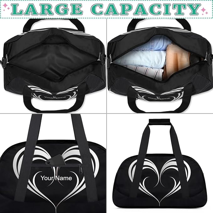 Custom Name Black White Hearts Men & Women Gym Travel Duffle Bag， Personalized Sports Bag for Overnight, Weekender, Carry On，18.9 * 8.7 * 10.6 in