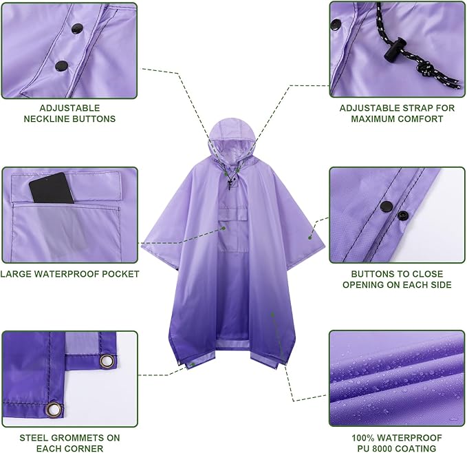 Hooded Rain Poncho for Adults - Waterproof Rain Coat and Lightweight Jacket 3-in-1 Multi-Function with Pockets