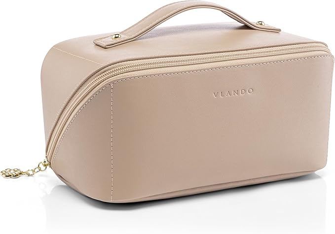 VLANDO Makeup Bag,Travel Toiletry Bag,Cosmetic Bag for Women PU Leather Portable Make up Bag for Skincare, Brushes & Travel Essentials-Toffee