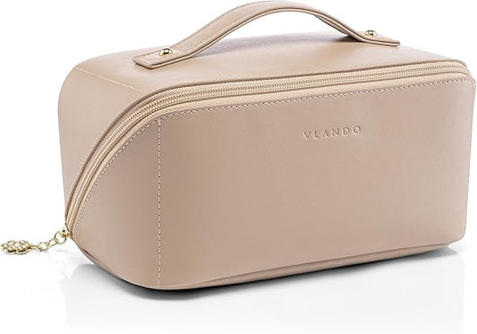 VLANDO Makeup Bag,Travel Toiletry Bag,Cosmetic Bag for Women PU Leather Portable Make up Bag for Skincare, Brushes & Travel Essentials-Toffee