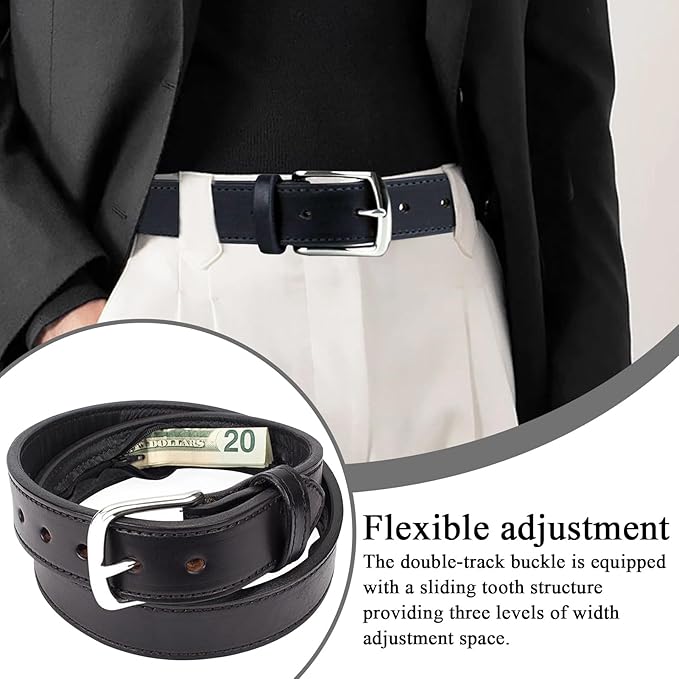 Leather Money Belt for Men with Hidden Zipper Pocket - Full Grain Travel Security Belts with Secret Compartment for Cash Cards, Anti-Theft Safe Storage Belt for Business Travel Dad Husband Boyfriend