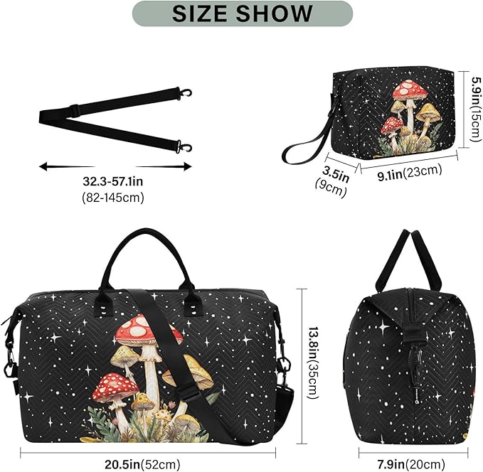 Mushroom Quilted Travel Bags Weekender Duffle Bags With Toiletry Bag Carry on Overnight Duffels Yoga Gym Bag for Airplanes Business Sports
