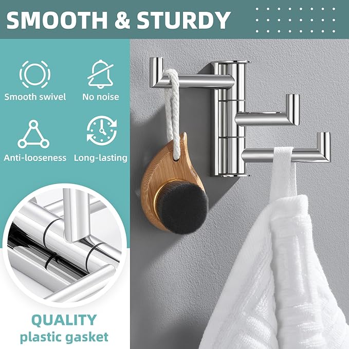 APLusee Polished Chrome Swivel Towel Hook for Bathroom, Heavy Duty 304 Stainless Steel Bathroom Wall Hook with Multi 3 Arms, Wall Mounted Towel Hanger for Kitchen Garage