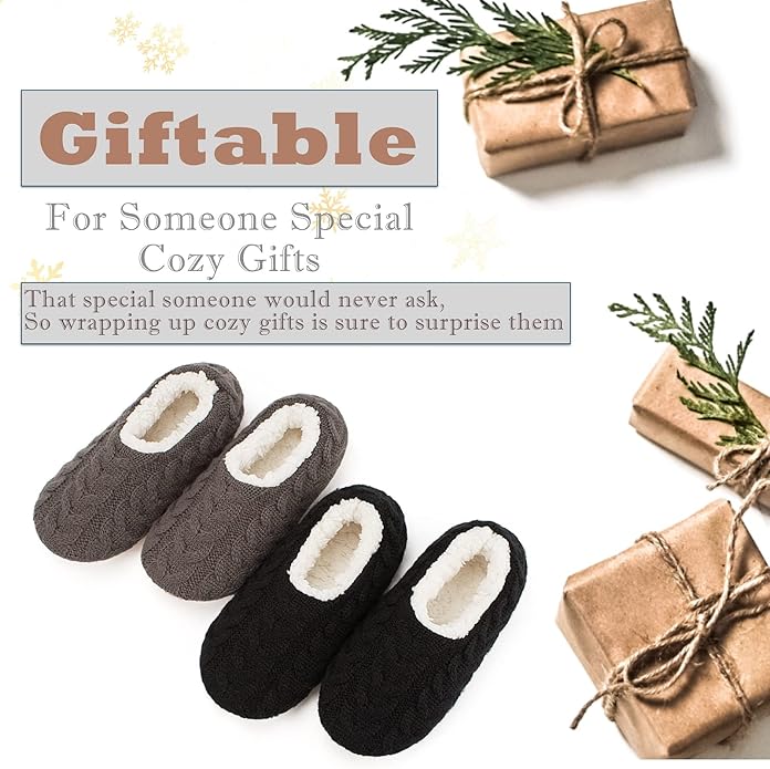 Cozylook 2-Pair Women's Soft Sole Slipper Socks with Grippers, Thick Warm Cozy Sherpa Lined Home Socks Set, Cable Knitted Non-slip Fluffy Winter House Bedroom Slippers