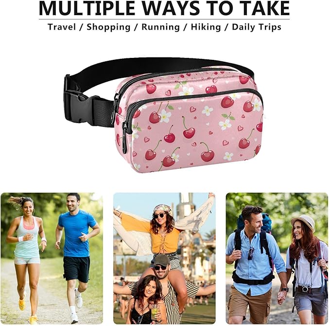 Kawaii Cherries White Flowers Fanny Pack for Women Men Water Resistant Fashion Waist Packs with Adjustable Strap Belt Bag for Travel Workout Jogging Hiking 21219483