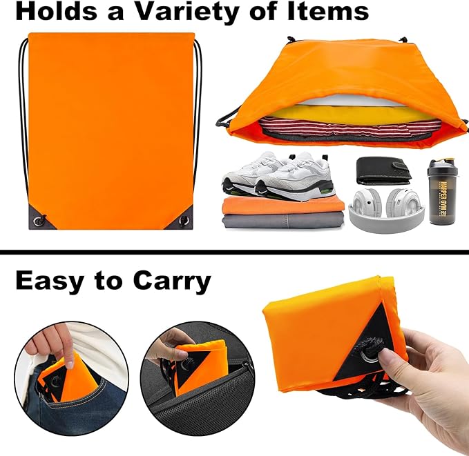 2PCS Drawstring Bags Bulk, String Backpack for Men Women, Cinch Bag Draw String Back Bag for Gym, Sports, Travel, Swimming, Beach, Orange