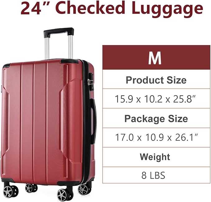 24 Inch Hardshell Luggage Lightweight Checked Luggage, Red Hardside ABS Suitcases with Double Wheels and TSA Lock, Medium Expandable 24-inch Carry on Luggages for Travel, Men, Women