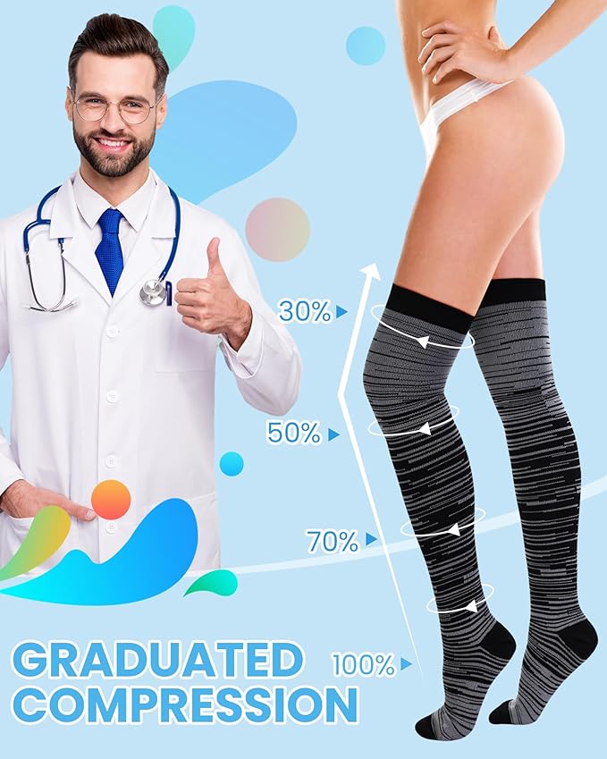 6 Pcs Large Size Thigh Compression Socks for Women Men 20-30 Mmhg Circulation Wide Calf Knee Support Stocking for Nurse, Running, Travel