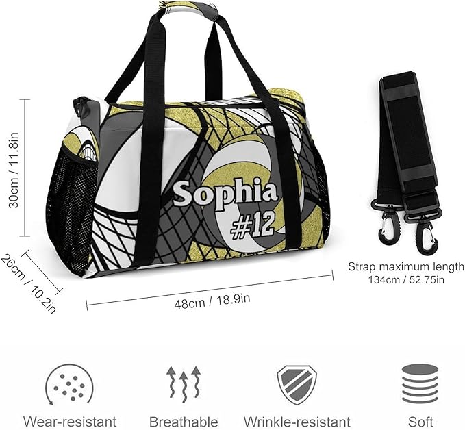 Custom Volleyball Grey Gold Duffel Bag with Name Personalized Travel Bags Sport Gym Bag Carry On Weekender Bags for Men Women