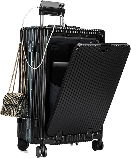 feilario Aluminium Frame PC Hard Shell Spinner Wheels Luggage,22.5"X15"X9.5" Airline Approved Built-In TSA lock Carry on Suitcase, with Cup Holder, USB Port, Phone Holder