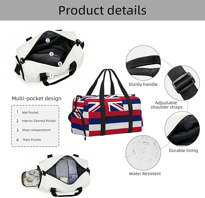 Hawaii Flag Print Gym Bag with Shoe Compartment for Women Men, 17.7in Sports Duffle Weekender Tote, Overnight Travel Duffel Bag Carry On