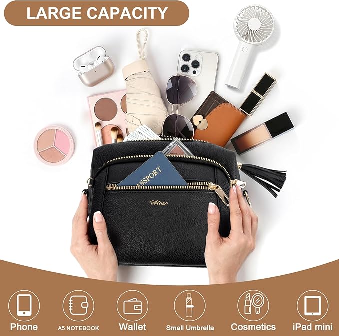 Small Leather Crossbody Bags for Women Anti theft Purses and Handbag Shoulder Hangbag with Wide Strap Tassel