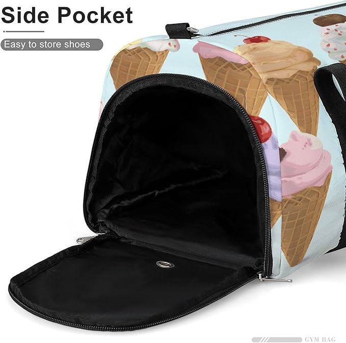 Oxford Cloth Ice Cream Cones Gym Bag,Duffle Bag with Shoes Compartment And Adjustable Shoulder Straps，Weekender Bags for Men Women.