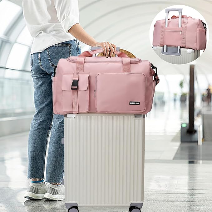 Eslcorri Gym Duffle Bag for Women Men, Sports Backpack with Wet & Shoe Compartment, Fitness Overnight Weekender Bag for Yoga, Swim, Travel (Style B, Pink)