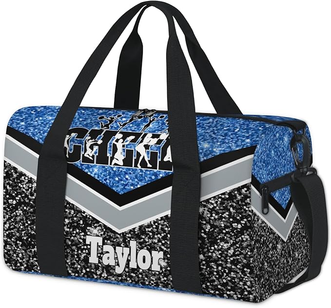 Personalized Gym Dance Ballet Bag Small, Custom Name Cheer Sport Weekender Carry On Travel Duffel Bags, Water Blue with Black Glittering Cheerleading