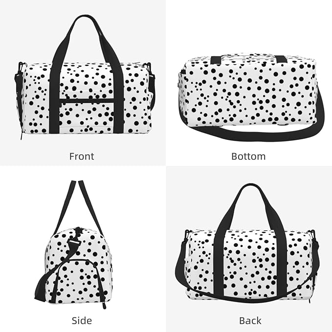 Black White Polka Dot Print Gym Bag with Shoe Compartment for Women Men, 17.7in Sports Duffle Weekender Tote, Overnight Travel Duffel Bag Carry On