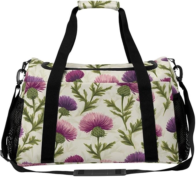 Scottish Thistles Flower Duffle Bag Gym Bag for Workout Travel Tote with Detachable Straps