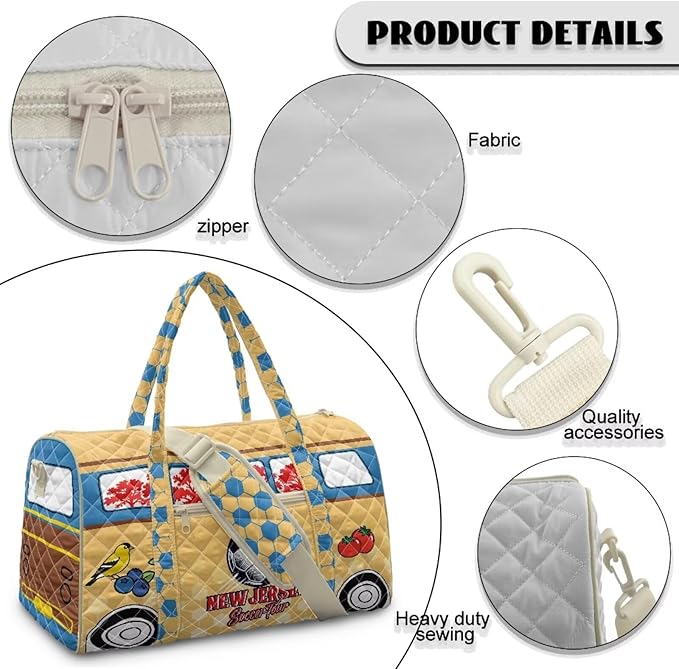 COEQINE Quilted Duffle Bag For Men Travel Quilted Tote Bag Large Car New Jersey Van Car on Yellow Print Overnight Luggage Bag with Trolley Sleeve