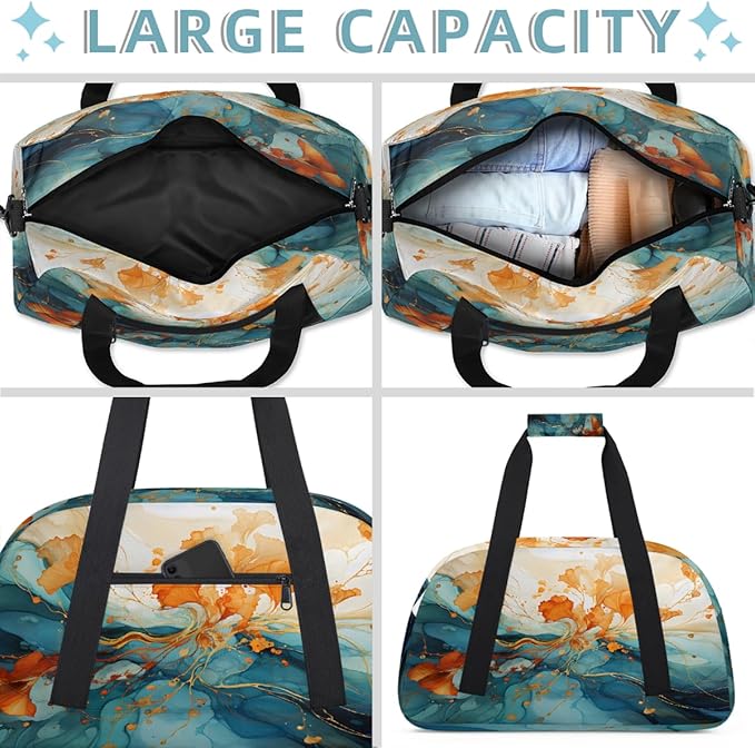 Orange Teal Marble Sports Duffel Bags, Water-Resistant Gym Duffle Bag for Men Women, Lightweight Weekender Overnight Bag for Fitness, Workout, Travel