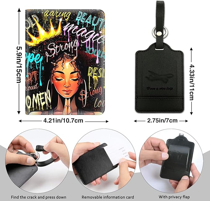 Passport Holder Women Wallet with Luggage Tag, Leather Passport Cover with RFID Blocking, Travel Accessories Multi Card Slot Passport Case for Men，African American Women Afro Girl With Crown