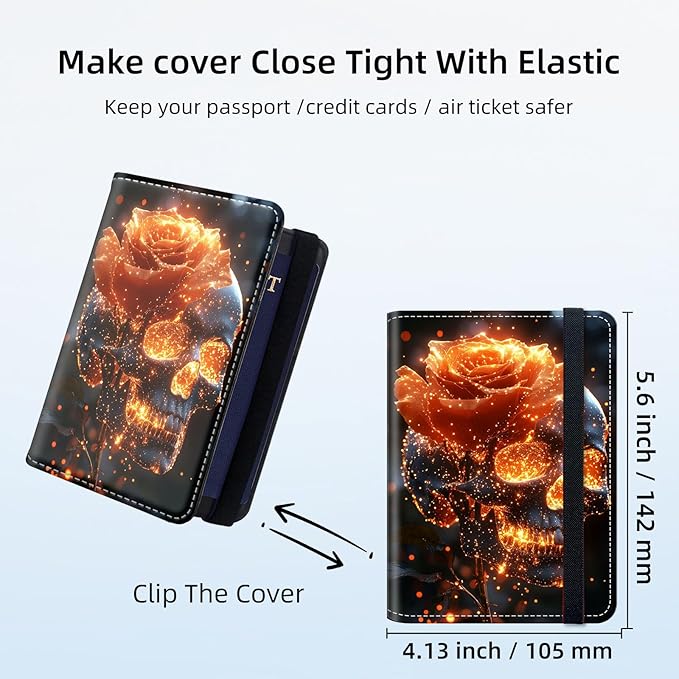 Passport Holder for Travel, RFID Blocking Passport Holder Travel Walle, Passport and Vaccine Card Holder, Vacation Must Haves Travel Accessories for Men Women, Flame Rose Skull