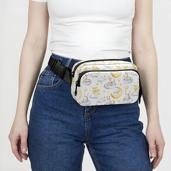 Kawaii Bunnies Clouds Moon Fanny Pack for Women Men Water Resistant Fashion Waist Packs with Adjustable Strap Belt Bag for Travel Workout Jogging Hiking 21219515