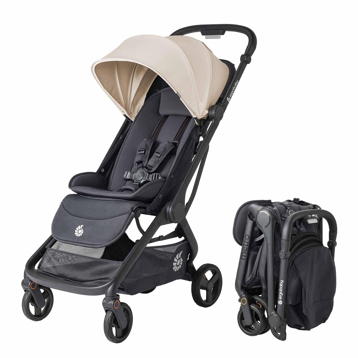 Ergobaby Metro 3 All in One Compact Baby Stroller, Lightweight Travel Stroller, Easy One-Hand Fold for Overhead Airplane Storage (Carries up to 50 lbs), Car Seat Compatible, Natural Beige