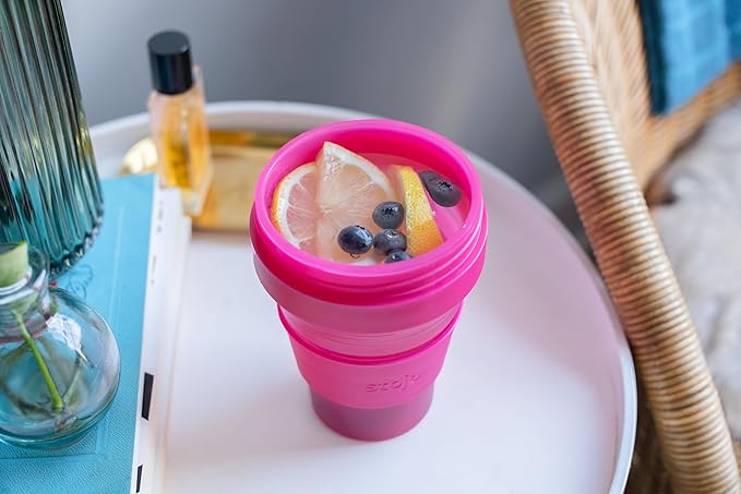 STOJO Collapsible Travel Cup - Reusable To-Go Pocket Size Silicone Bottle for Hot and Cold Drinks - Perfect for Camping - Microwave & Dishwasher Safe (Translucent Hot Pink, 16, ounces)
