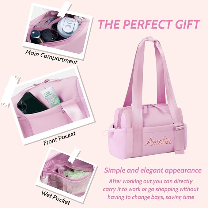 Personalized Mini Gym Bag for Women, Custom Embroidered Name Yoga Tote, Waterproof PU Fitness Duffle with Wet Compartment (pink duffle bag)