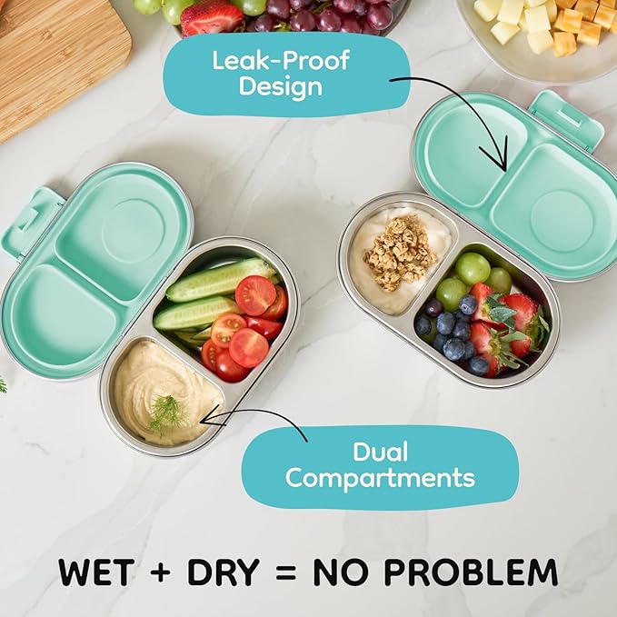 Good Bare Stainless Steel Snack Container for Kids – 2 Compartment Metal Bento Box, Leakproof, Non-Toxic, Easy-Open Latch, Dishwasher Safe, Small Snack Pack, Perfect for On-the-Go (Mint Green)