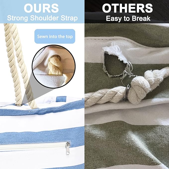 Large Canvas Beach Bag for Women, Beach Bags Waterproof Sandproof with Zipper & Wet Bag Cruise Essentials