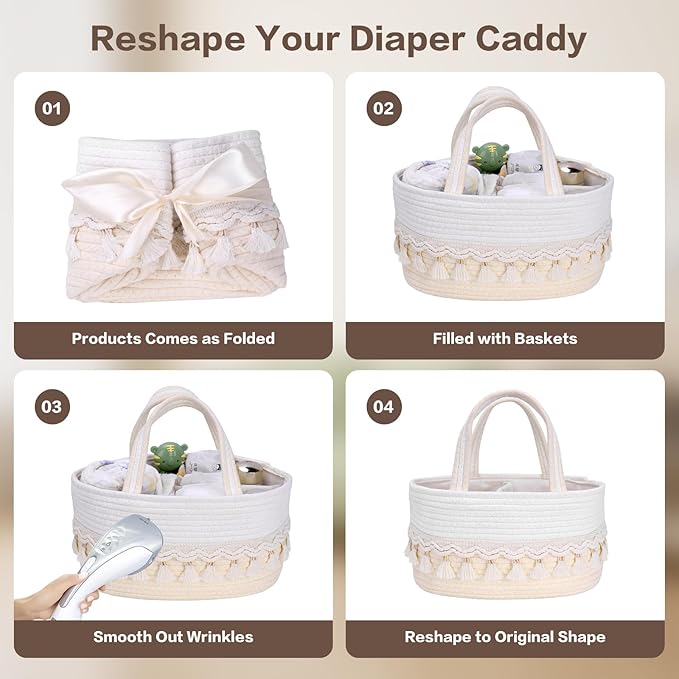 Diaper Caddy Organizer, Stylish Nursery Storage Basket, Baby Shower Basket with Tassel Decorative Appearance, Portable Storage Basket Suitable for Family and Car Travel