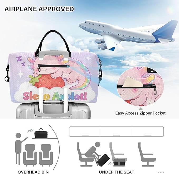 Travel Duffle Bag, Sleep Axolotl Strawberry Gym Bag with Storage Bag Weekender Overnight Bag for Men Women Trip Sports Yoga
