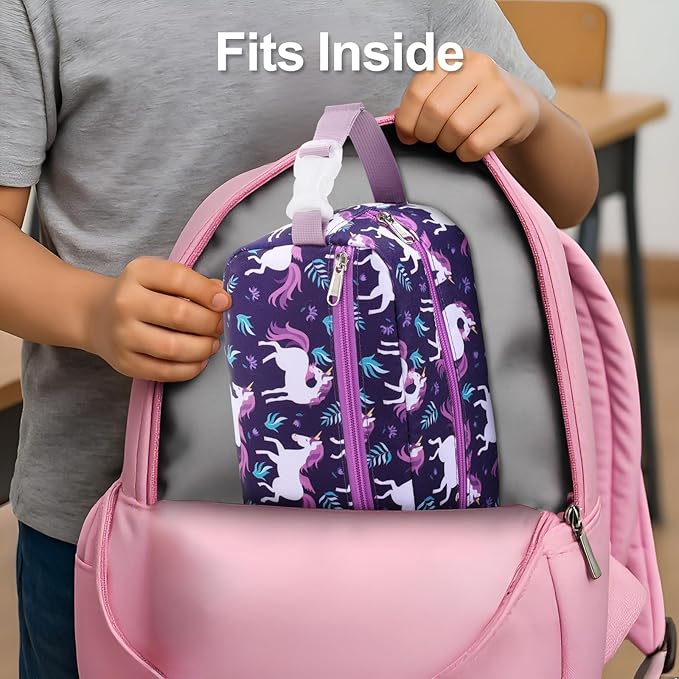 Bagseri Kids Snack Bag Girls - Small Reusable Mini Cooler Pouch, Insulated 3.9L Food Carrier with Buckle Handle for School and Daycare, Fits in Backpack, Deep Purple Unicorn