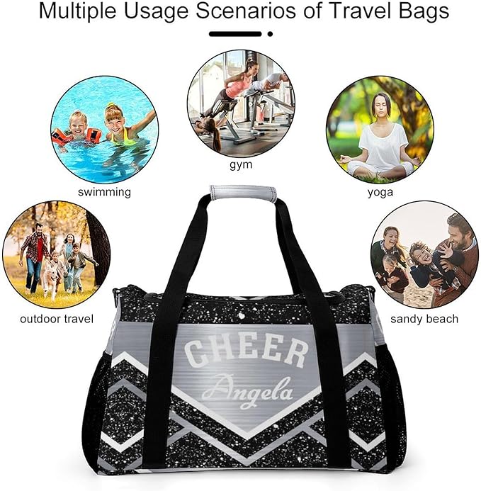 Cheer Silver Black Grey Cheering Stripes Tote Bag, Customized Duffel Bags Weekender Overnight Bag Travel Bag Personalized Gift Gym Bags Luggage Bag