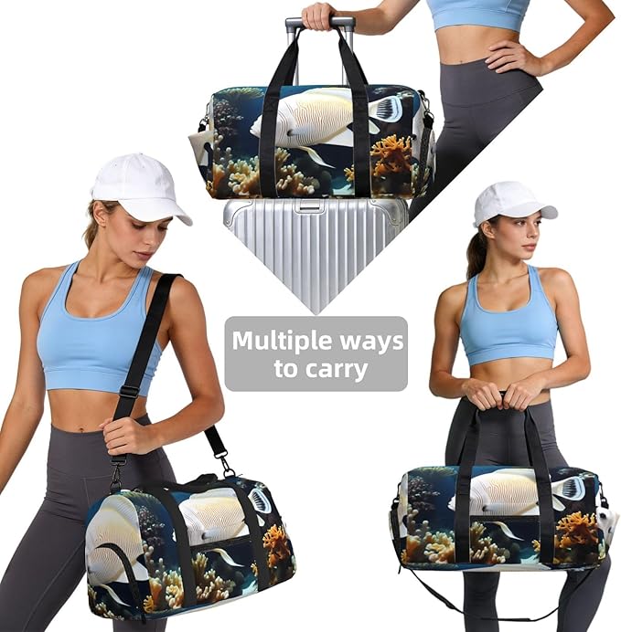 White-golden fish Print Gym Bag with Shoe Compartment for Women Men, 17.7in Sports Duffle Weekender Tote, Overnight Travel Duffel Bag Carry On