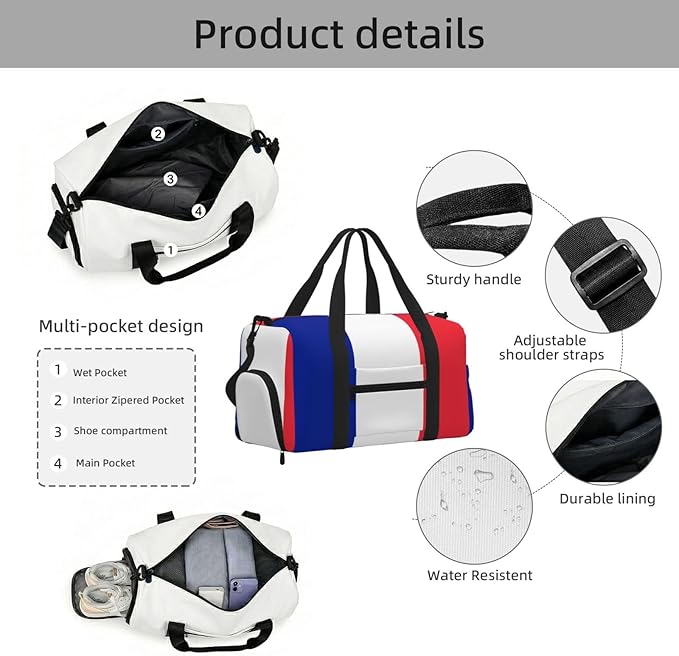 French flag Print Gym Bag with Shoe Compartment for Women Men, 17.7in Sports Duffle Weekender Tote, Overnight Travel Duffel Bag Carry On
