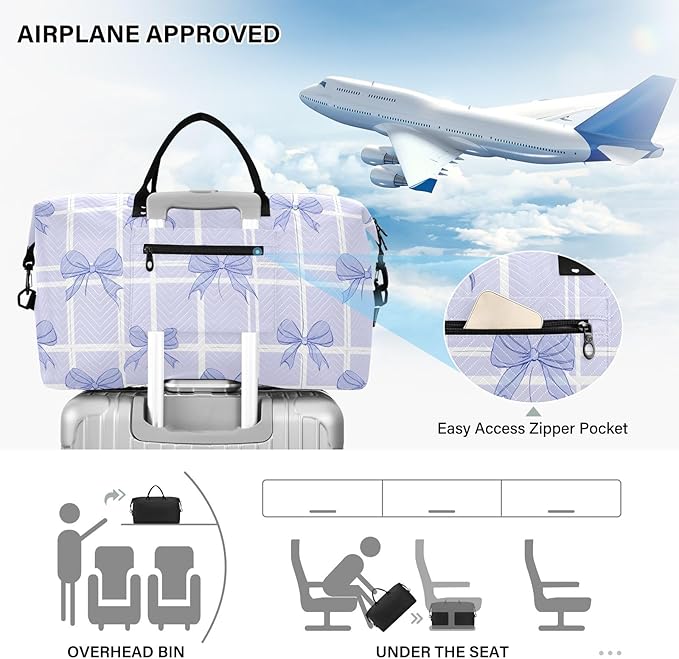 Travel Duffle Bag, Grid Background Purple Bow Pattern Gym Bag with Storage Bag Weekender Overnight Bag for Men Women Trip Sports Yoga